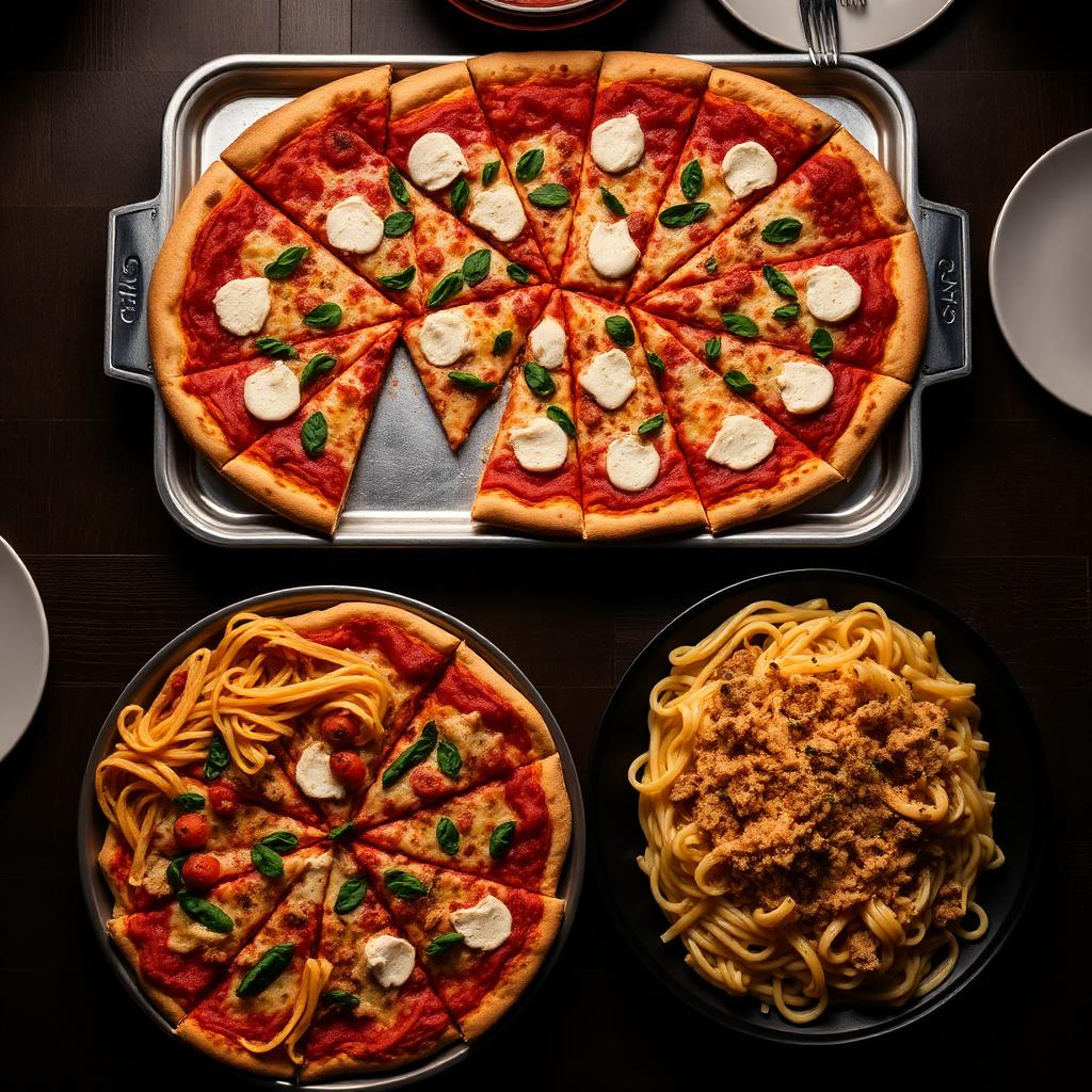 Catering tray of New York pizza and baked pasta