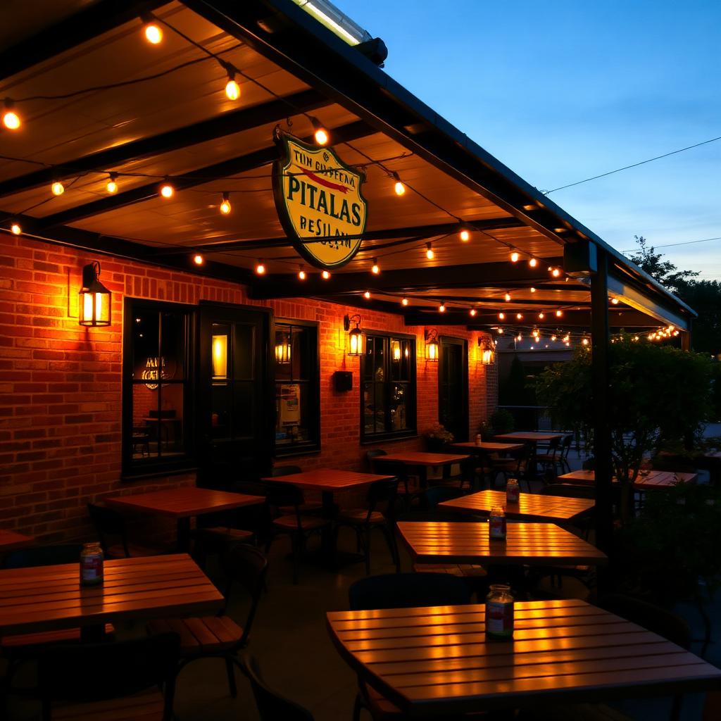 Bussin Pizza covered patio at dusk with string lights